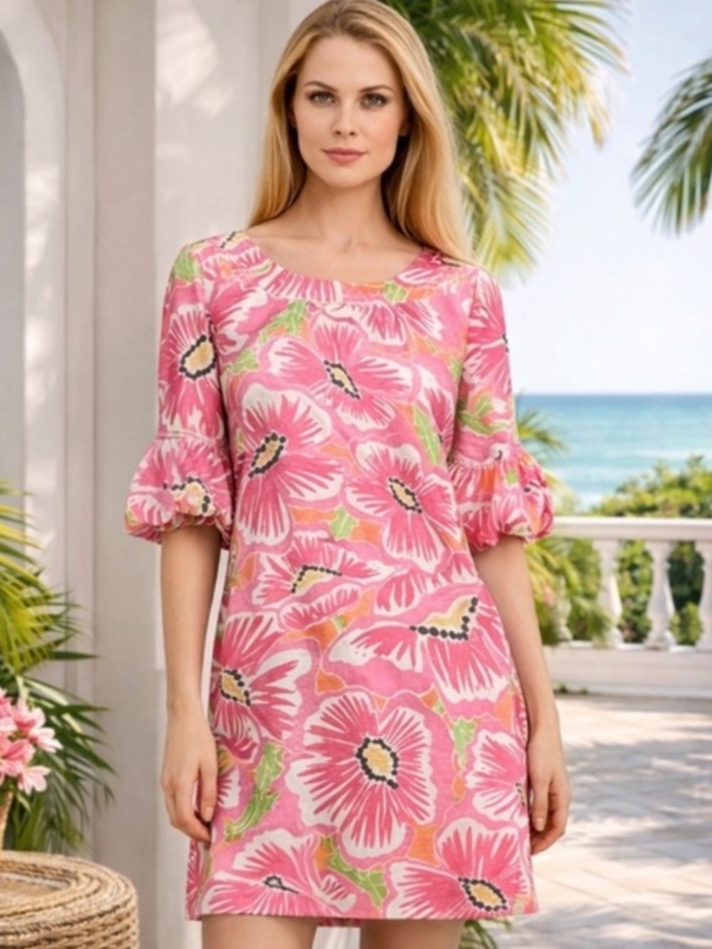 Lilly Pulitzer Dasha pink floral silk shift dress bell puff sleeves Resortwear